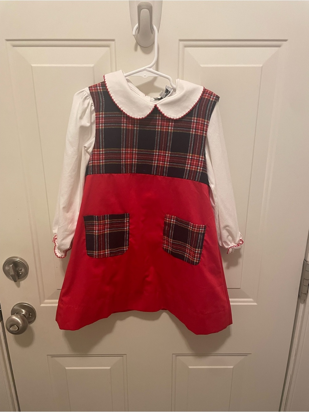 Smockingbird Red Plaid Dress Set for Girls with White Peter Pan Collar